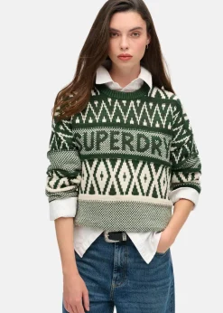Discount Superdry Branded Pattern Crew Jumper Darkest Pine Green