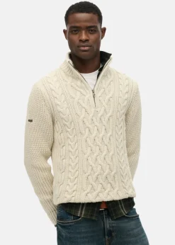 Best Superdry JACOB CABLE KNIT HALF ZIP Ecru