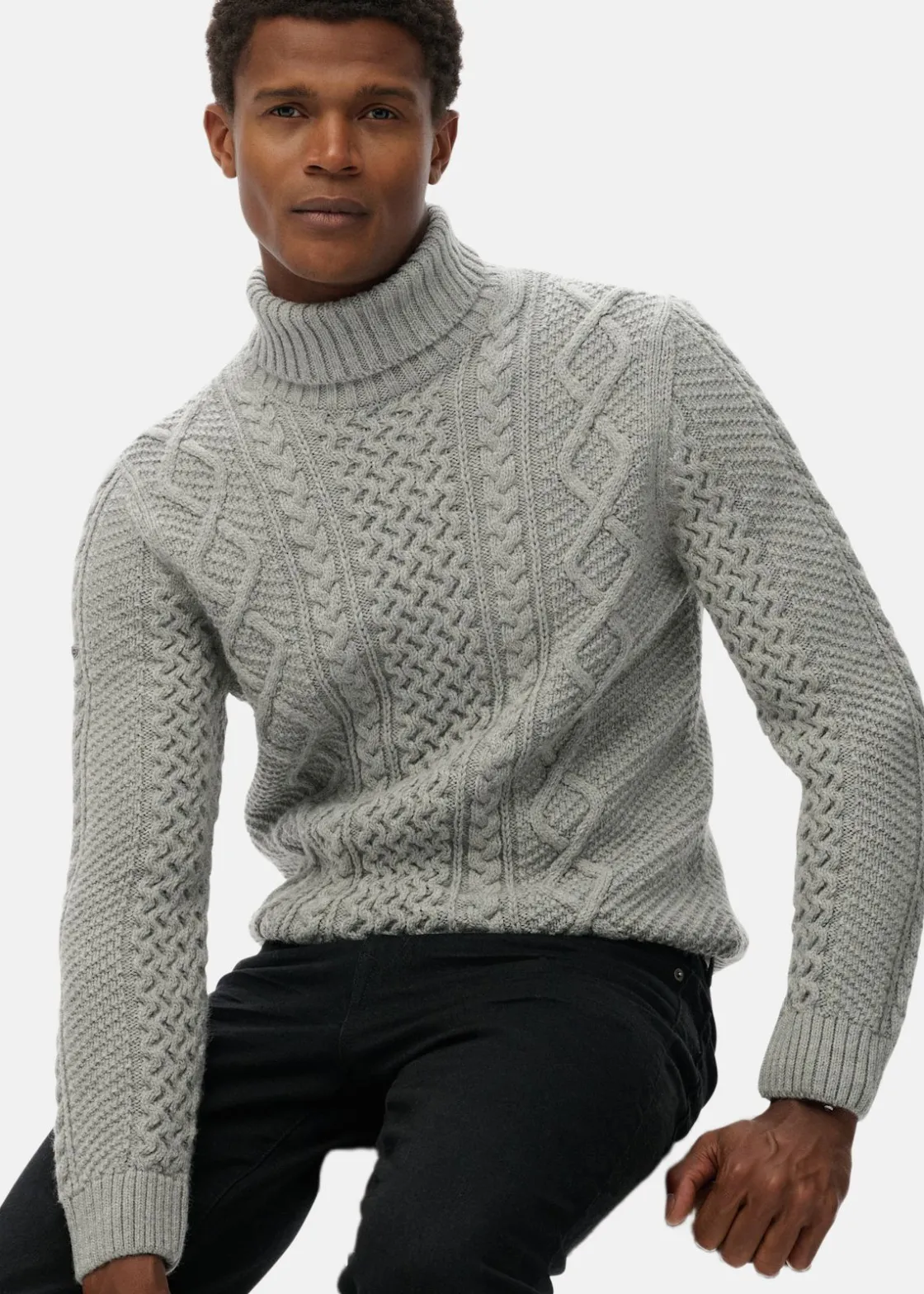 Superdry JACOB CABLE ROLL NECK JUMPER MID GREY