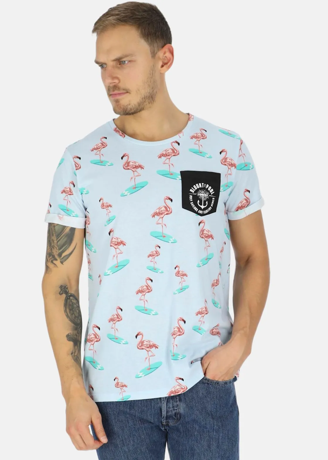 Best Blount & Pool Tropical Pocket Tee Lt. Blue Surfing Flamingo