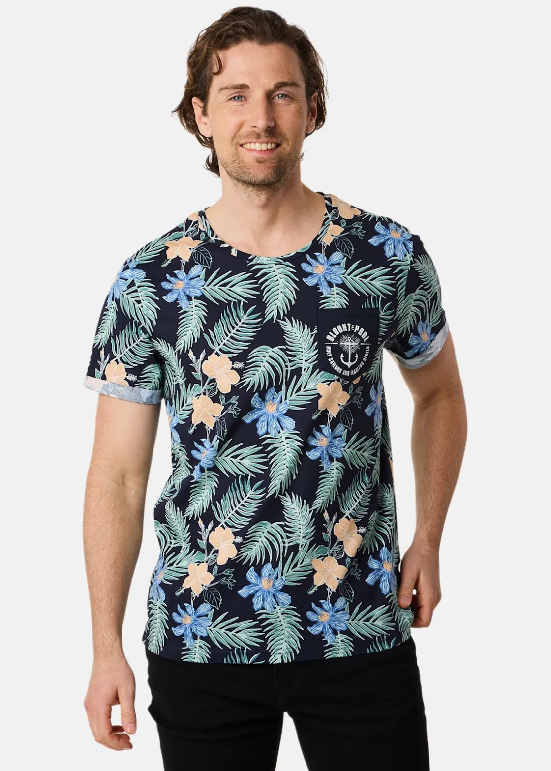 Best Blount & Pool Tropical Pocket Tee Navy Hibiscus AOP